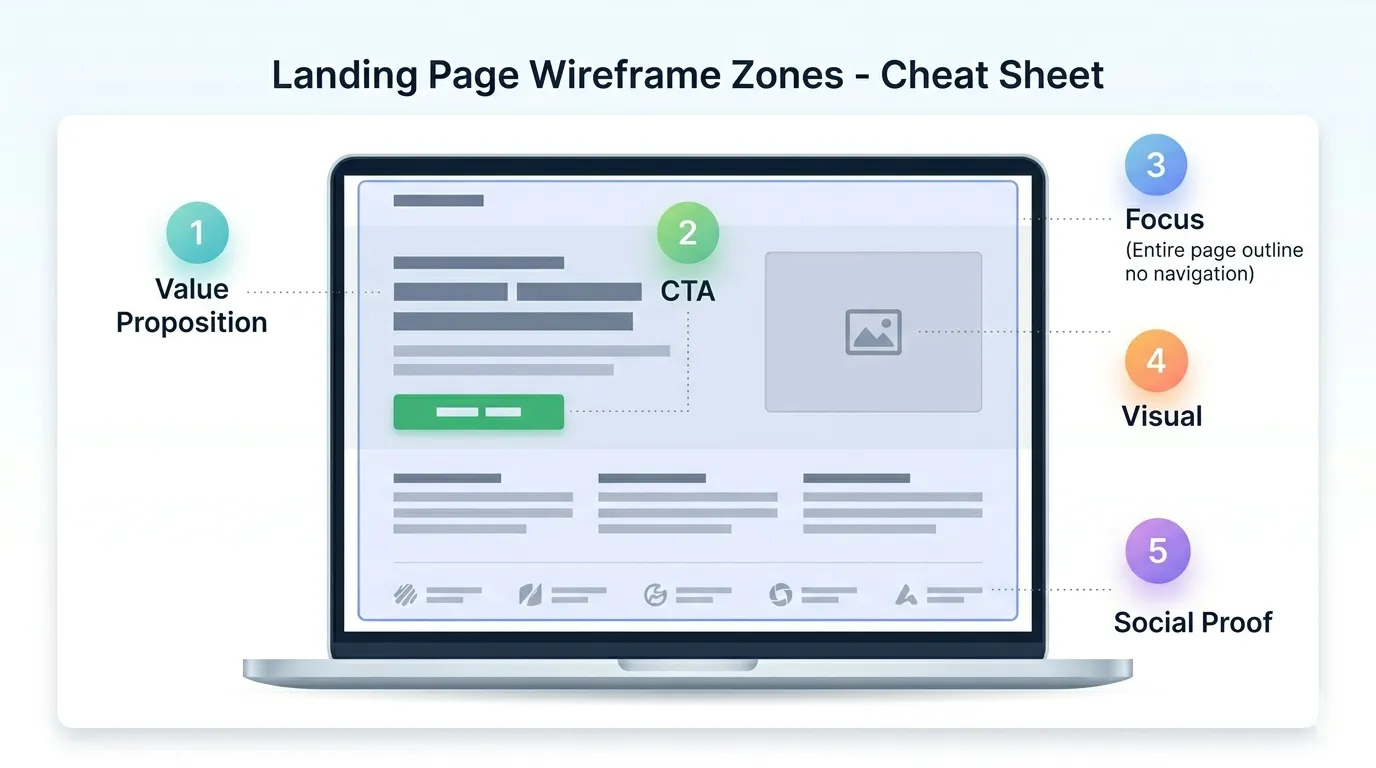 Landing Page Wireframe Zones — Cheat Sheet: visi 5 elementi vienā attēlā