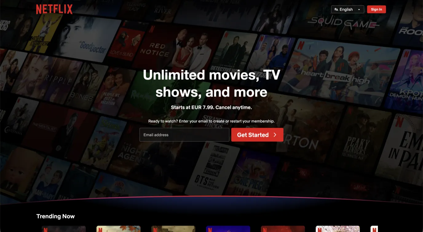 Netflix landing page — skaidrs vērtības piedāvājums: "Unlimited movies, TV shows, and more"